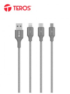 CABLE USB TEROS TE-70210W, TIPO A - TIPO C/LIGHTNING/MICRO USB, 3.5A, 17.5W MAX, GRIS