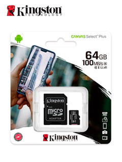 MEMORIA MICRO-SD KINGSTON CANVAS SELECT, 64GB, UHS-I SPEED CLASS 1 (U1), CON ADAPTADO